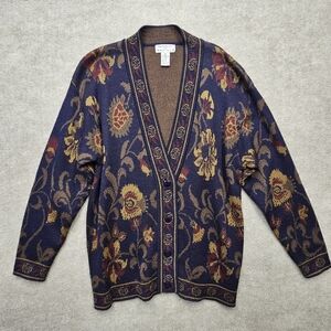 Vtg 90s Rena Rowan Saville Floral Tapestry Knit Cardigan M